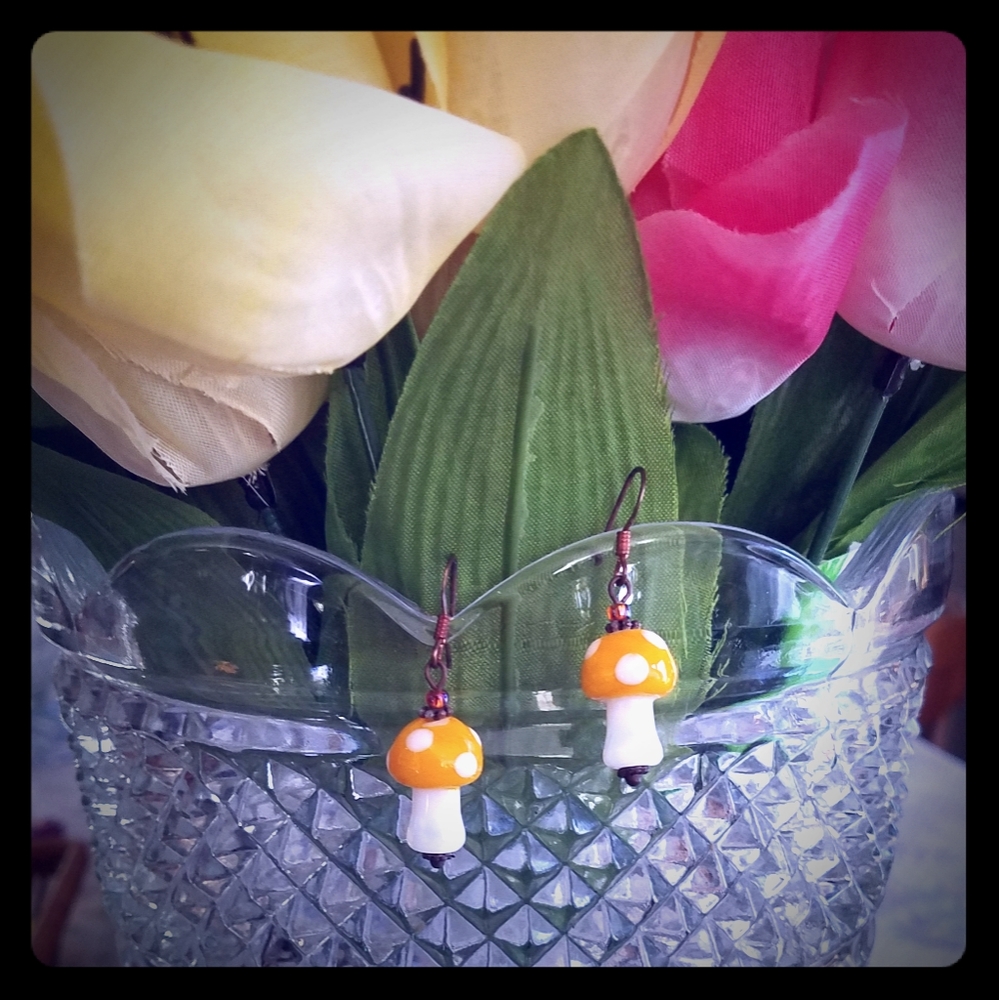 Handmade glass mushroom earrings